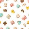 Glazed cookies. Baked biscuits letters, numbers seamless pattern. Sweet bakery print, dessert vector background