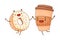 Glazed donut and cup of coffee characters holding by hands. Perfect couple, friends forever cartoon vector illustration