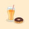 Glazed donut and fresh orange juice - cute cartoon colored picture. Graphic design elements for menu, poster, brochure,