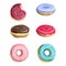 Glazed donuts of different colors watercolor illustration set. Delicious round doughnuts with toppings
