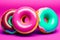 Glazed donuts on pink background. Generative AI