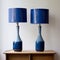 Glazed Earthenware Table Lamps With Blue Lampshades