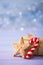 Glazed festive Christmas cookie in form of star and caramel cane on light bokeh background