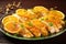 glazed fish fillet with citrus peels arranged creatively