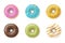 Glazed icing donuts colored baked circle rings top view set realistic vector illustration