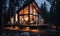 Glazed modern log cabin in the middle of the forest.