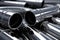 Gleaming chrome pipes and steel supplies neatly arranged in a logistics facility. Shiny materials ready for