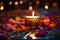 A gleaming Diwali candle amidst vibrant decor, illuminating the festive ambiance