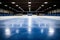 Gleaming ice, radiant arena immaculate hockey rink under bright white and intense blue spotlights
