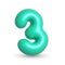 Gleaming mint aquamarine balloon number three. 3d realistic illustration. For party