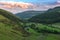 Glenmacnass Valley on Wiclow Mountains Ireland, awesome landscape seen at sunset