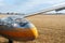 Glider on background of cloudy sky close-up. Flight training by plane, helicopter