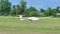Glider, sailplane, landing on the grass airstrip of a countryside airport