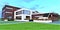 The glimmers of the setting sun dance on the facade of an upscale country cottage with custom-designed finishes. 3D rendering