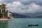 Glimpse of Cetara with Salerno in the background on a cloudy day, Amalfi Coast, Campania, Italy