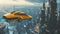 Glimpse into future: futuristic yellow cab as flying vehicle in megapolis