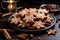 glistening cinnamon star biscuits with almonds on a dark wooden plate