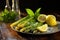 glistening, crispy roasted asparagus on a dark wood table