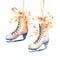 Glistening Watercolor Ice Skates Hanging with Snowy Background AI Generated