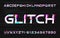 Glitch alphabet font. Digital distort letters and numbers on glitched background.