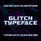 Glitch alphabet font. Distressed type letters and numbers on a dark glitched background.