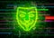 Glitch Anonymous Guy Fawkes mask on green matrix symbols, digital fraud concept illustration