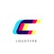 Glitch effect letter C, colored spectrum overlay effect. Vector slant symbol for cyber sport, racing, automotive and