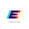 Glitch effect letter E, colored spectrum overlay effect. Vector slant symbol for cyber sport, racing, automotive and