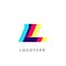 Glitch effect letter L, colored spectrum overlay effect. Vector slant symbol for cyber sport, racing, automotive and