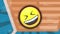Glitch effect over laughing face emoji against shopping cart icon on blue radial background