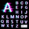 Glitch english alphabet. Distorted letters with broken pixel effect