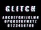 Glitch font. Broken effect letters and numbers, distorted latin alphabet with digital interference and bias, old game or