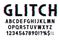 Glitch font with distorted effect in 80s and 90s style. Glitch english alphabet with numbers and marks