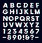 Glitch font with distortion effect vector letters and numbers, dark background