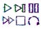 Glitch music icons. Glitched play pause stop icon, tv signal glitches and digital noise distortion effect vector