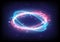 Glitch and pixels. Technology glowing swirl light effect. Power energy of circular element. Luminous sci-fi. Shining neon lights