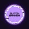 Glitch rounded banner. Glitched neon circle frame with distortion. Trendy design for card, web, poster with broken pixel effect.