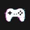Glitched icon of gamepad vector illustration. Isolated joystick with noise effects on dark background