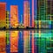 A glitchy, pixelated landscape of neon buildings and electric skies1, Generative AI