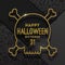 Glitter gold contour of a skull with Halloween greeting on a black background with linear halloween signs and symbols.