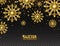 Glitter gold snowflakes with falling particles on transparent background. Shining golden snowflakes with star dust