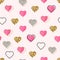 Glitter gold and watercolor pink hearts seamless pattern. Valentines Day background. Bright doodle heart confetti