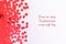 Glitter heart confetti border on light grey. Valentine day concept. Trendy minimalistic flat lay design background with