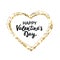 Glitter heart frame. Happy Valentines day hand lettering. Gold glitter heart and text for greeting card. Holiday luxury