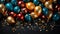 Glittered Gala of Chromatic Balloons. Lustrous balloons in teal, gold, and crimson, adorned with reflective confetti, set against
