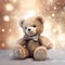 glittered teddy bear wearing a bow tie on golden bokeh background