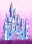 glittering crystal castle in watercolor and pencil lines in pink and purple tones