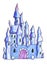 glittering crystal castle in watercolor and pencil lines in pink and purple tones