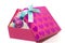 Glittering eggs in bright pink box with hearts on top and blue b