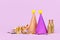 Glittering party hat, small golden champagne bottles and party streamers on violet background